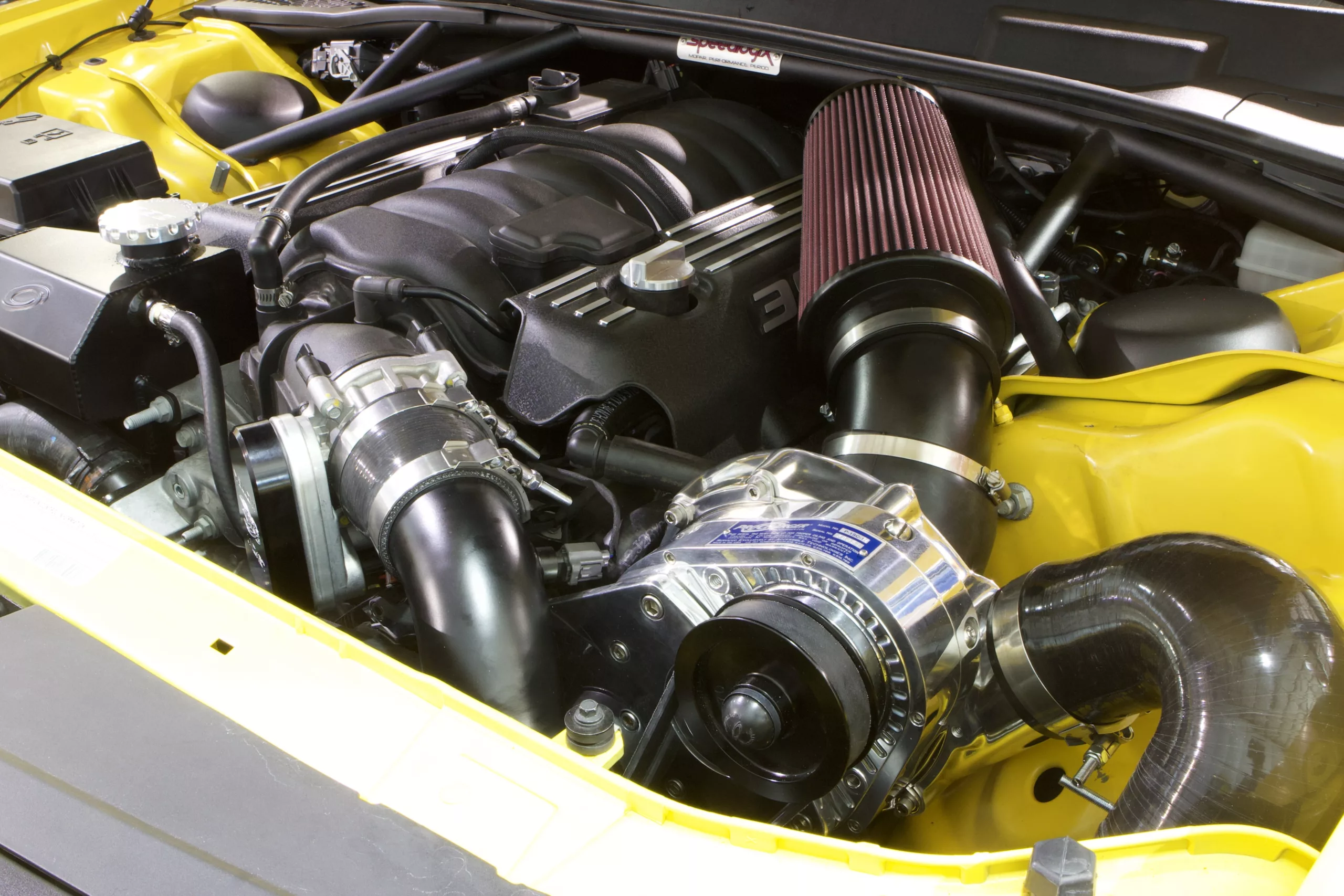 2013 Dodge Challenger SRT 6.4L ProCharged yellow underhood