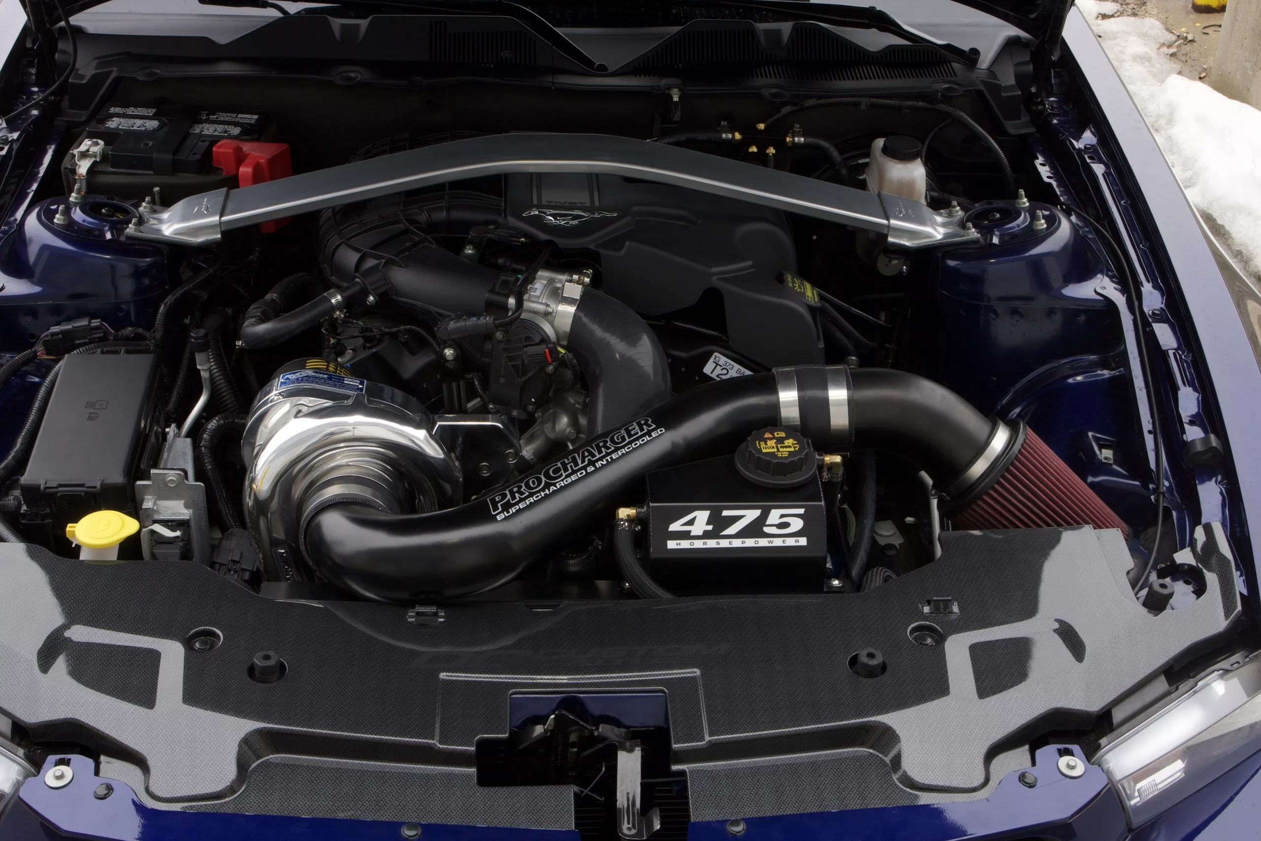2011 Ford Mustang V6 blue ProCharged underhood