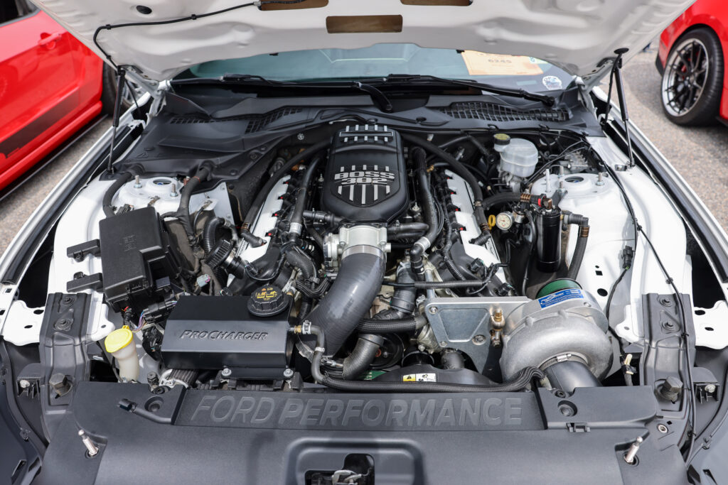 White ProCharged Ford Mustang engine bay