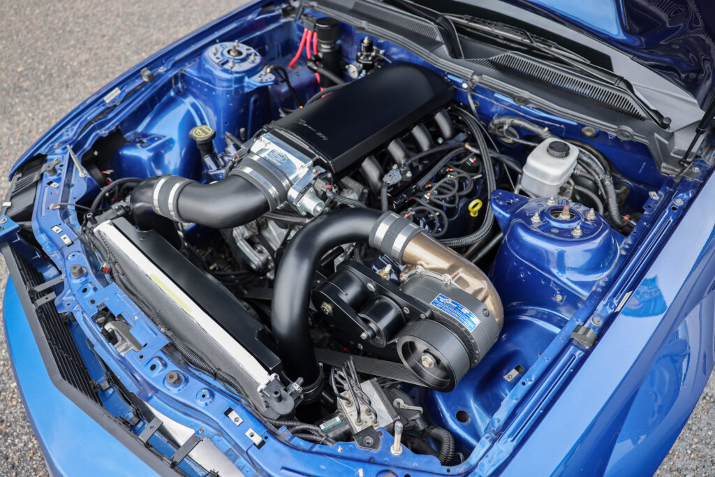 Blue Roush ProCharged Mustang engine bay