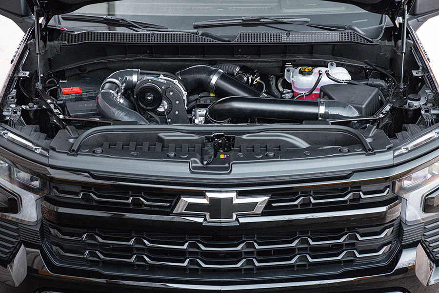 Chevy Silverado engine bay with ProCharger Supercharger kit